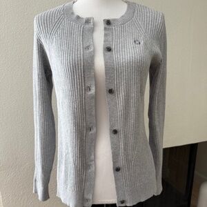 Lands' End Women's Ribbed Gray Cardigan with Chase Bank Logo